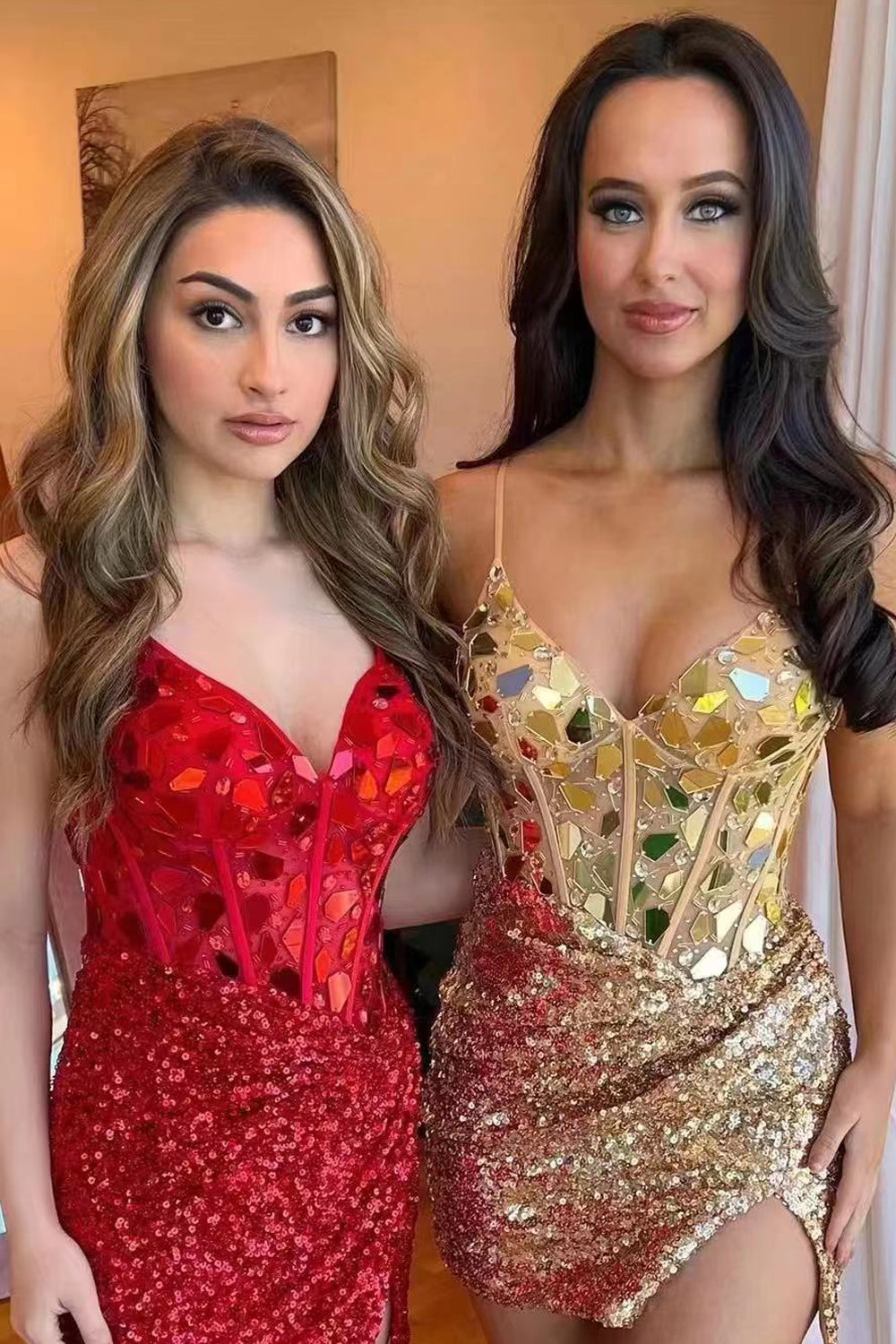 Red Homecoming Dress Sequin Spaghetti Straps Mirror Tight Short Hoco Dress