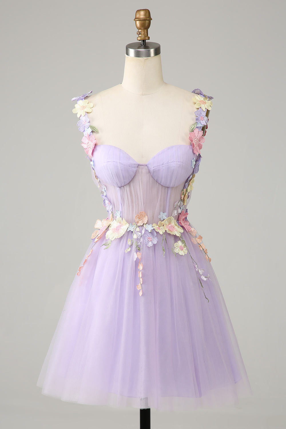 Purple Homecoming Dress Spaghetti Straps Tulle Prom Dress With 3D Flowers