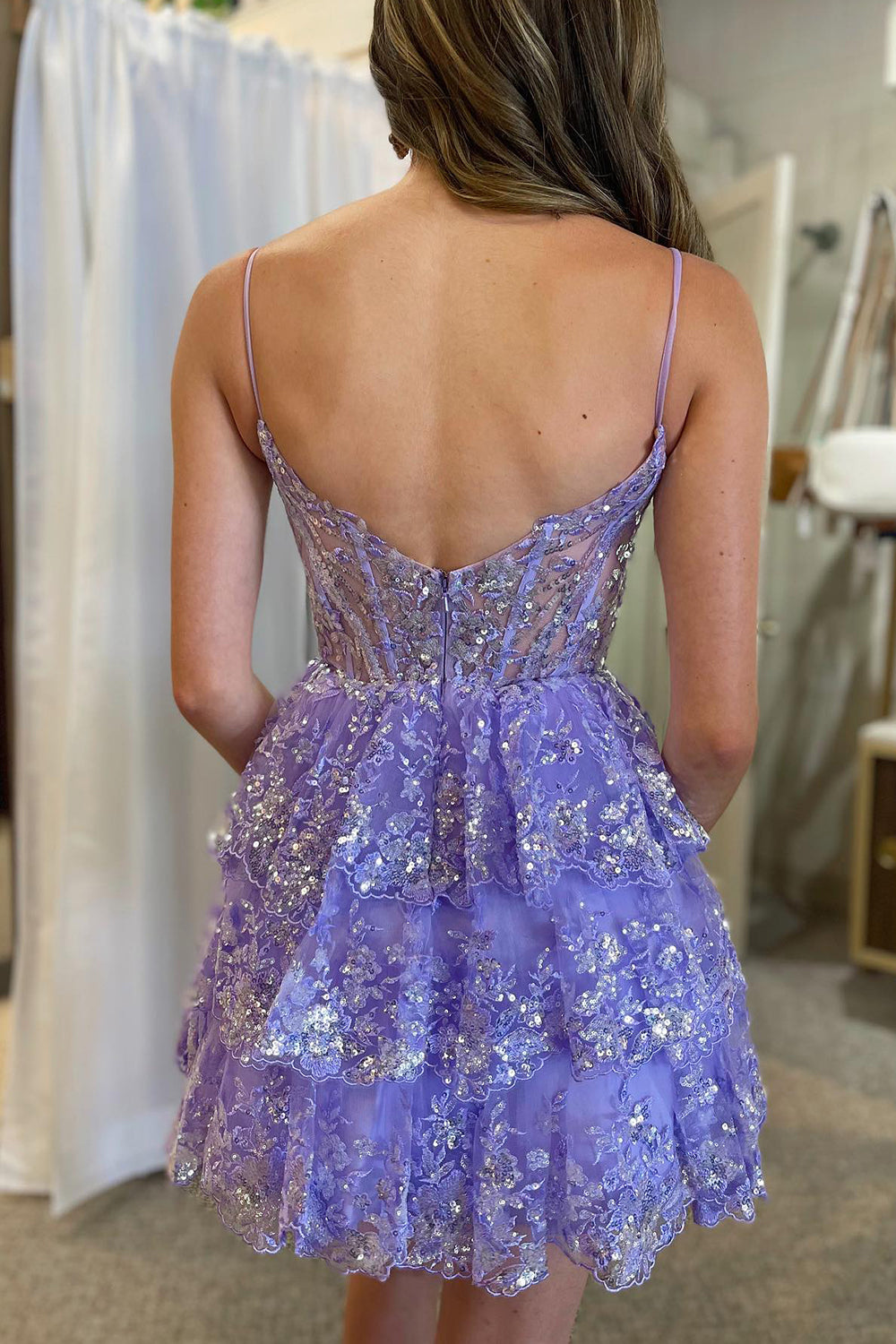 Blue Homecoming Dress Corset Top Spaghetti Straps A-Line Lace Short Prom Dress