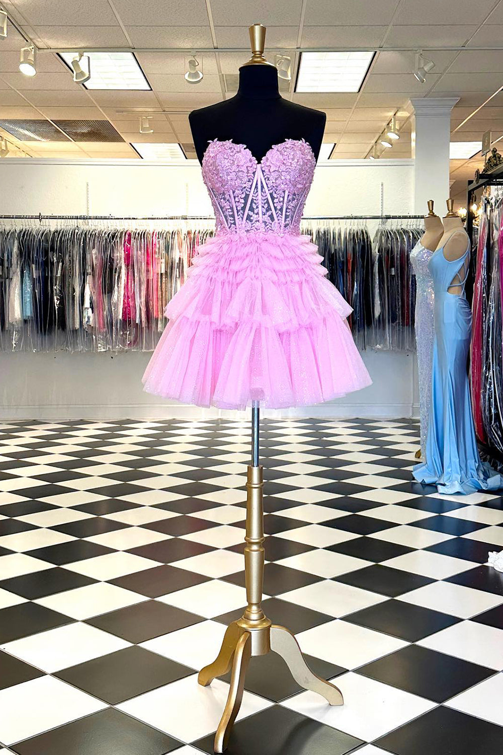 Glitter Pink Homecoming Dress Corset A-Line Tiered Short Prom Dress with Lace