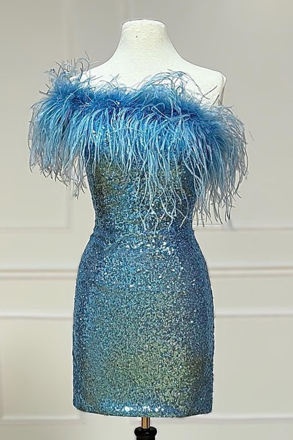 Light Blue Homecoming Dress Tight Sequin Prom Dress with Feathers