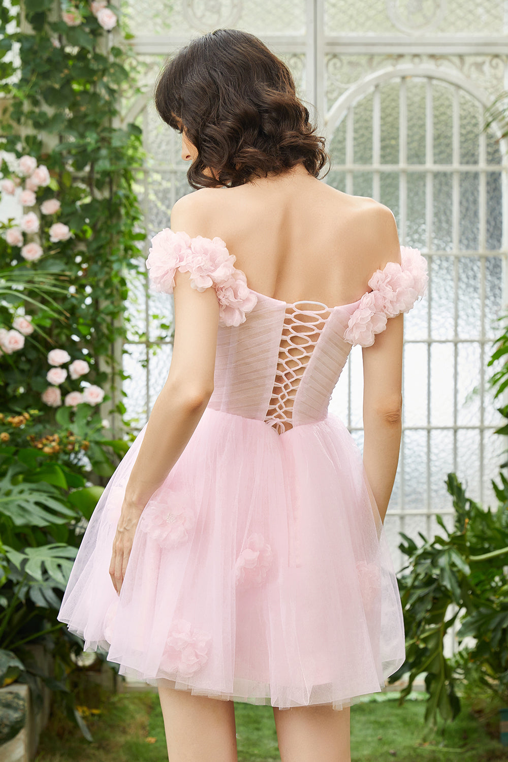 Pink Homecoming Dress Off the Shoulder Corset Prom Dress With Flowers