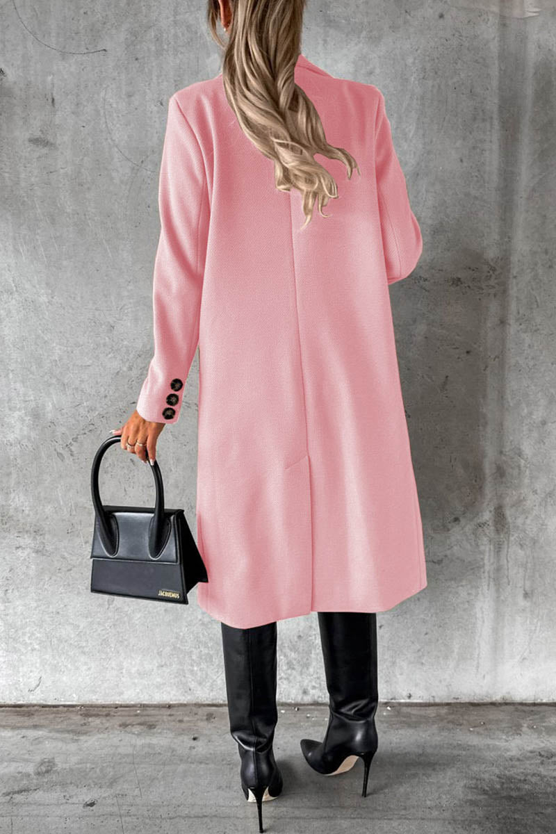 Solid Color Long Sleeve Double Breasted Coat with Pockets