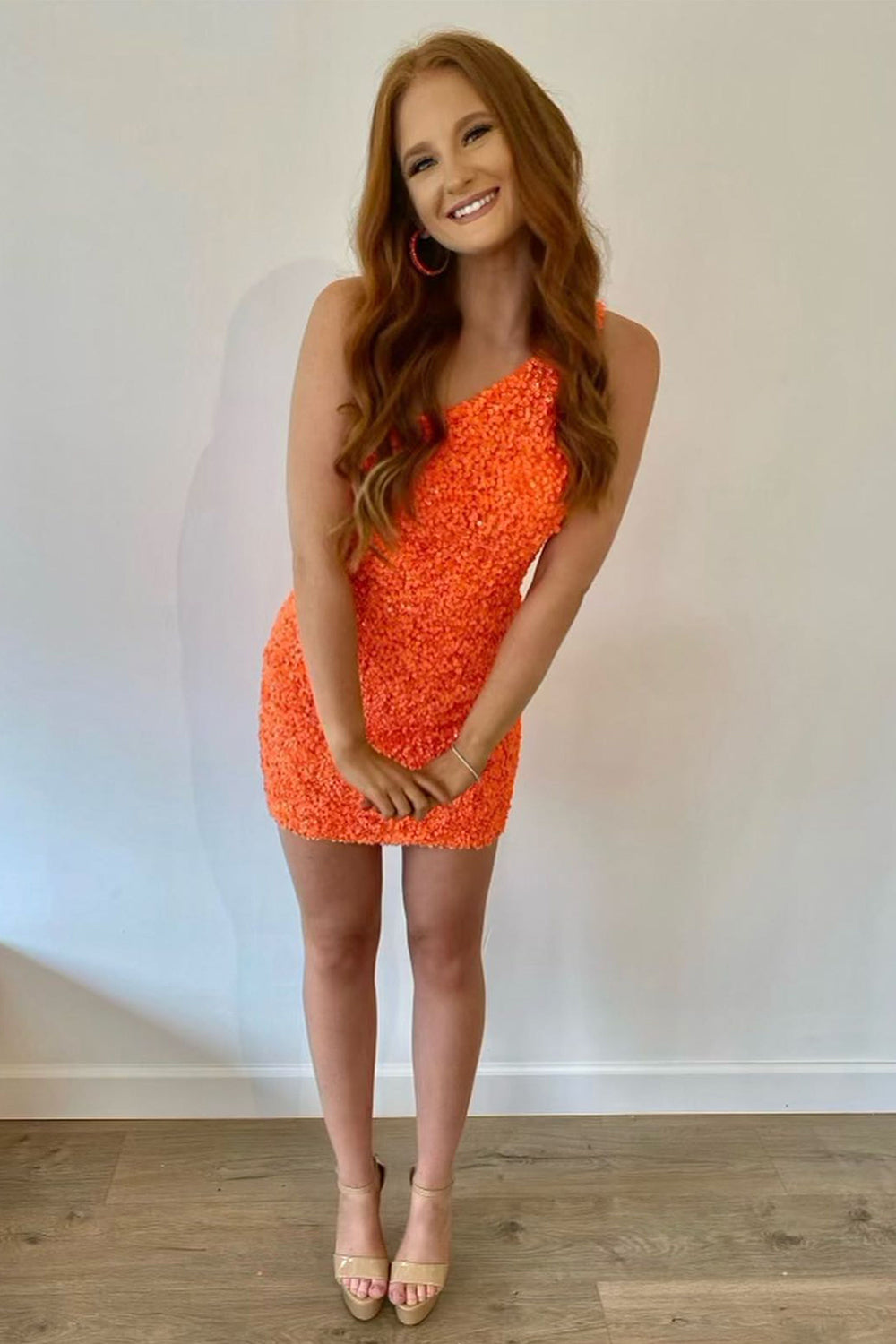 Orange Homecoming Dress One Shoulder Sequined Prom Dress