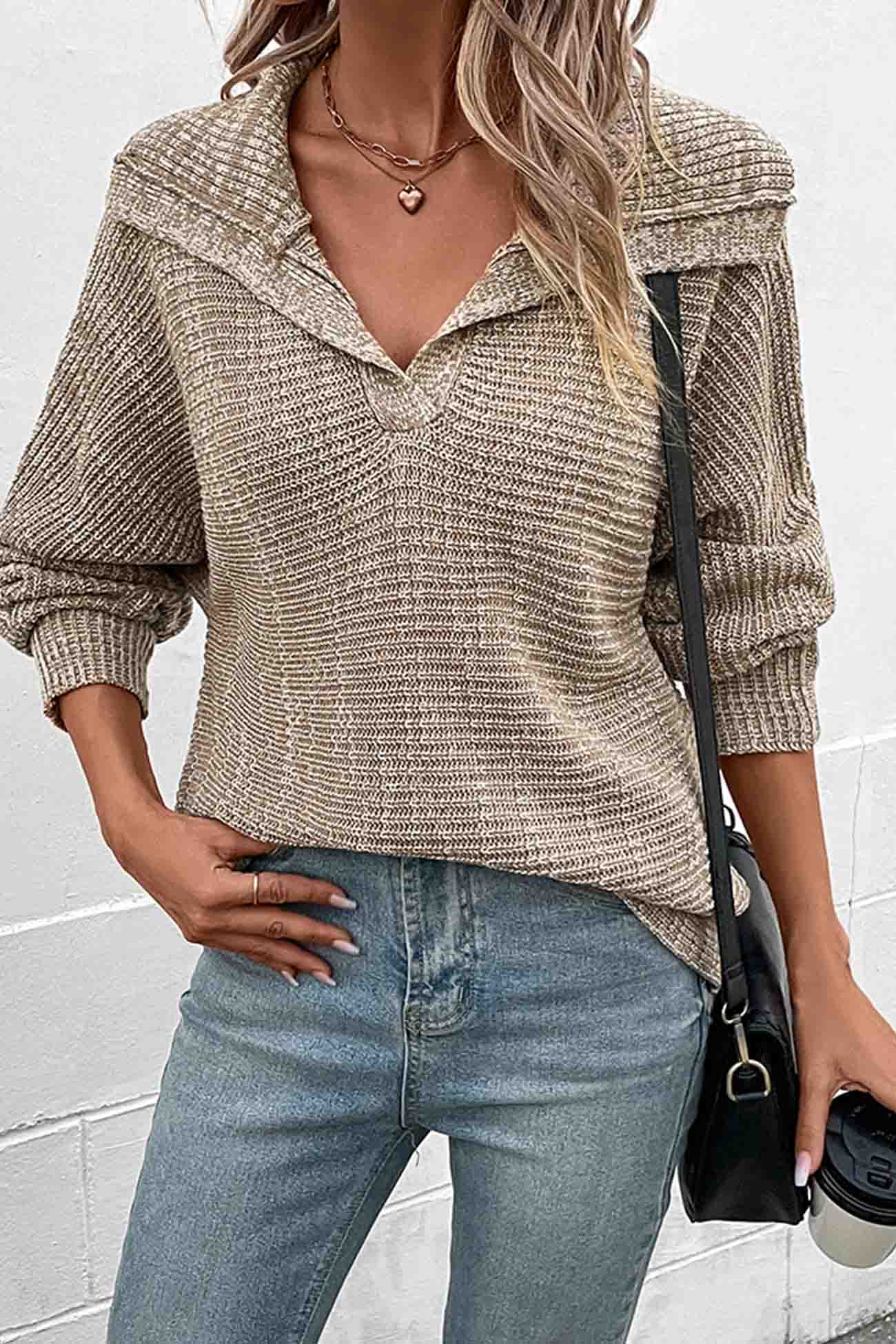 Khaki Lapel Long Sleeve Sweater