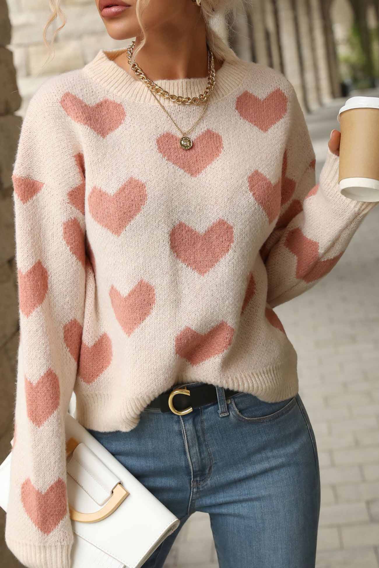 Heart Printed Crew Neck Knitted Sweater