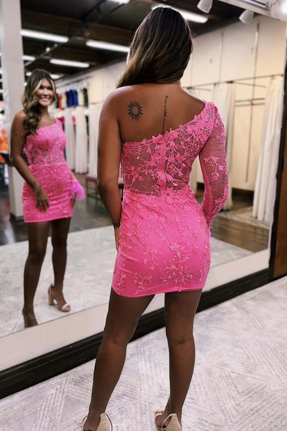 Spakly Pink Homecoming Dress One Shoulder Corset Tight Short Lace Prom Dress with Feathers