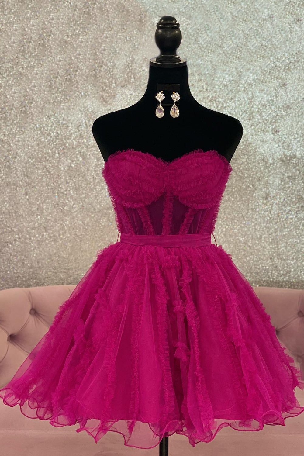 Fuchsia Homecoming Dress Corset Sweetheart A-Line Short Tulle Prom Dress