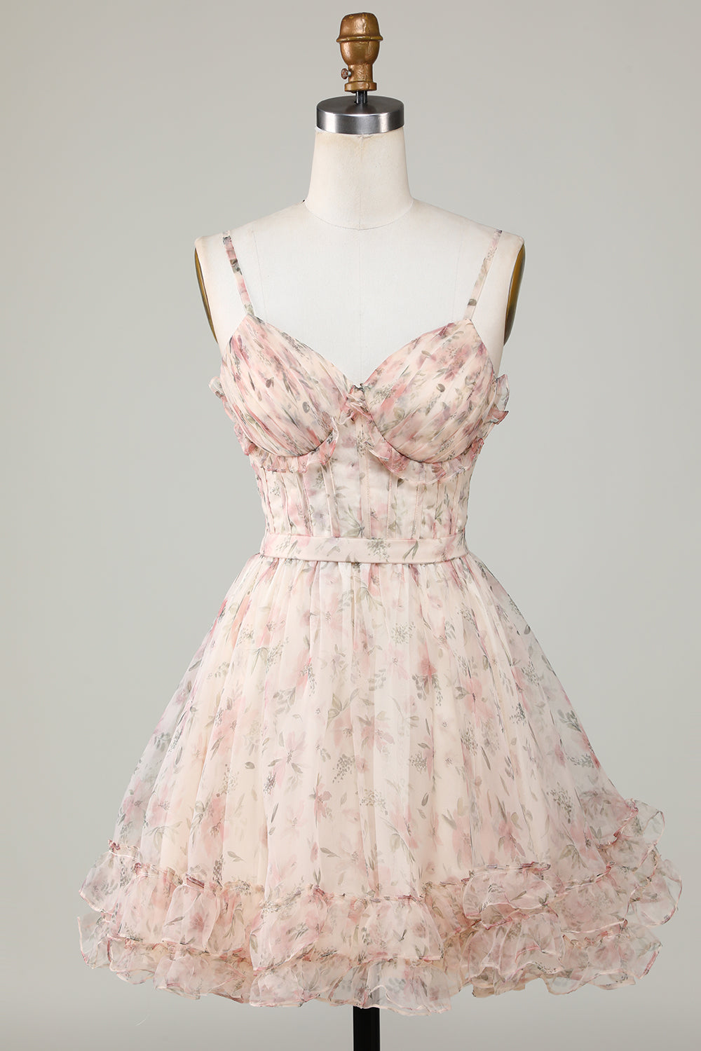 Champagne Homecoming Dress A-Line Corset Floral Short Prom Dress