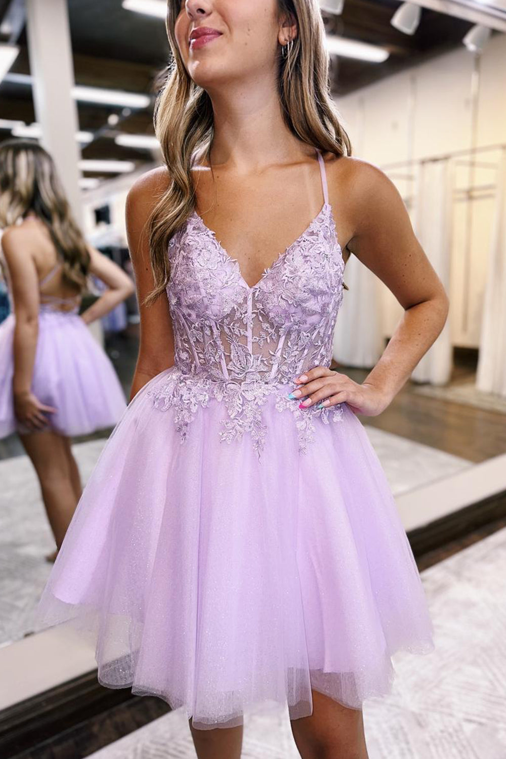 Glitter Lilac Homecoming Dress Corset A-Line Tulle Short Prom Dress with Lace