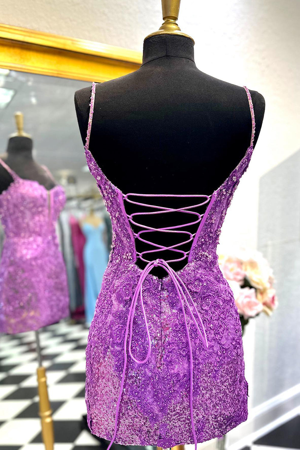 Purple Homecoming Dress Sequin Lace-Up Tight Short Prom Dress