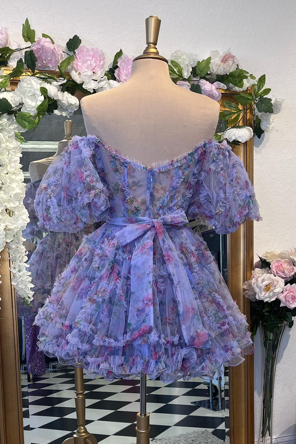 Purple Homecoming Dress Floral A-Line Short Prom Dress