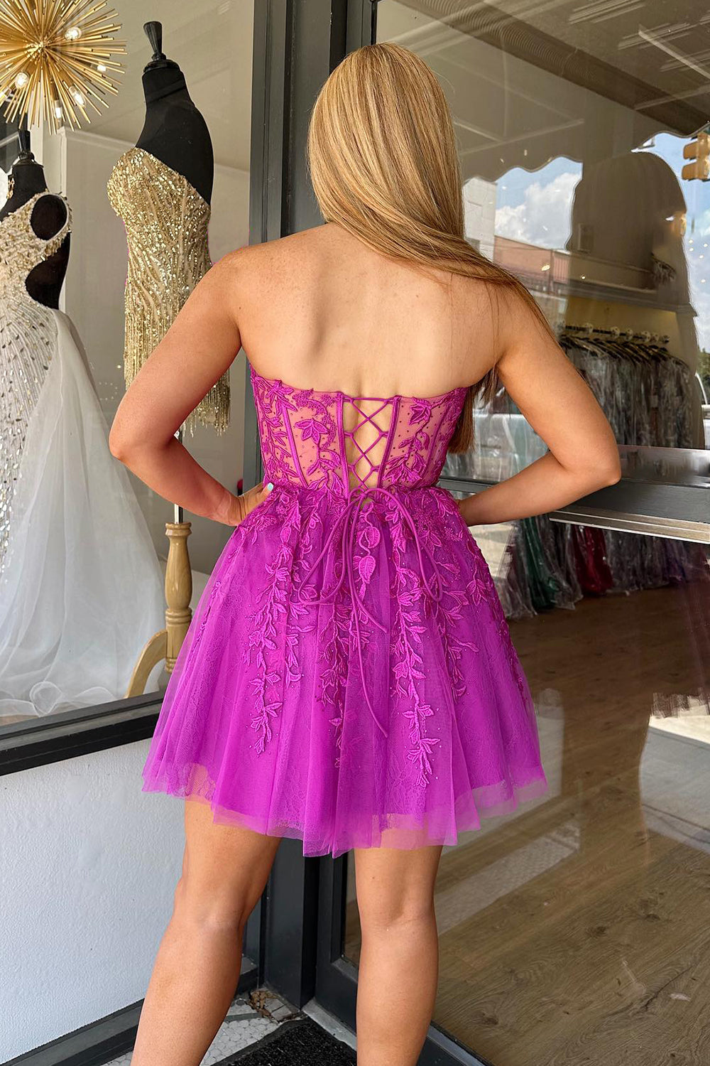 Fuchsia Homecoming Dress Corset A-Line Tulle Short Prom Dress with Lace