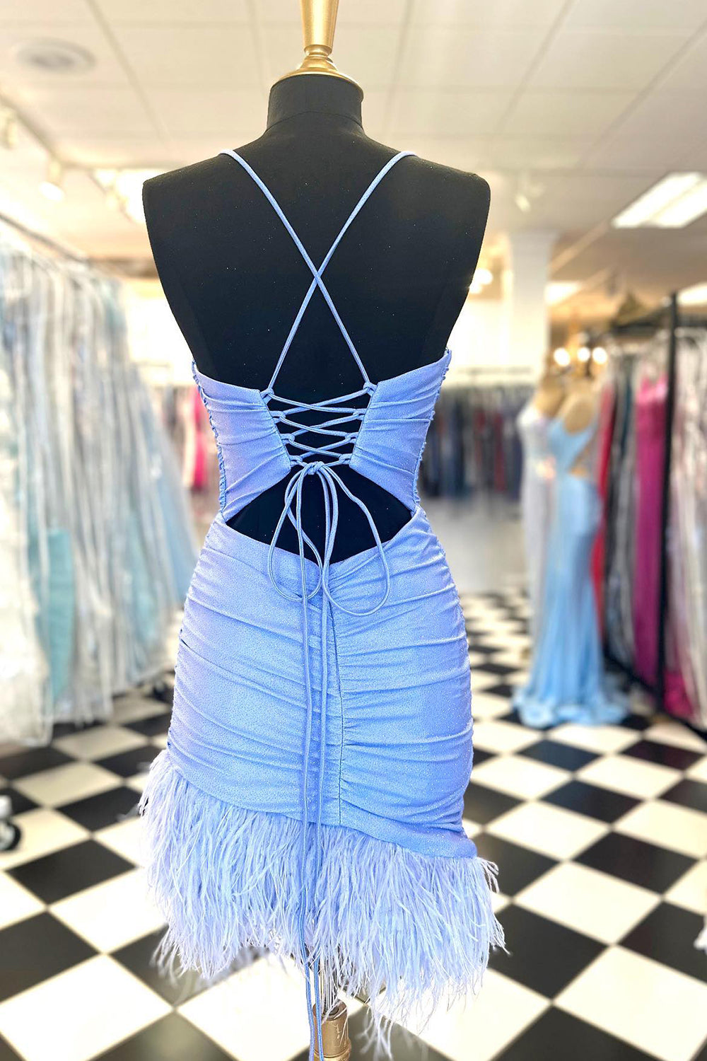 Glitter Light Blue Homecoming Dress Feathered Tight Short Prom Dress