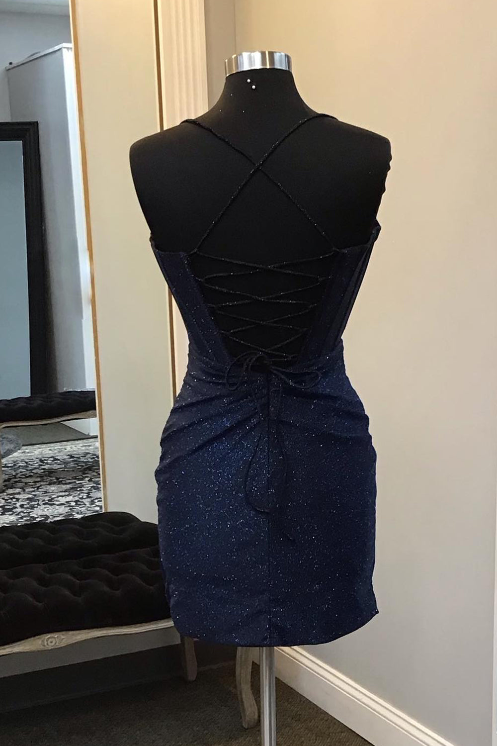 Navy Homecoming Dress Beaded Corset Tight Short Prom Dress