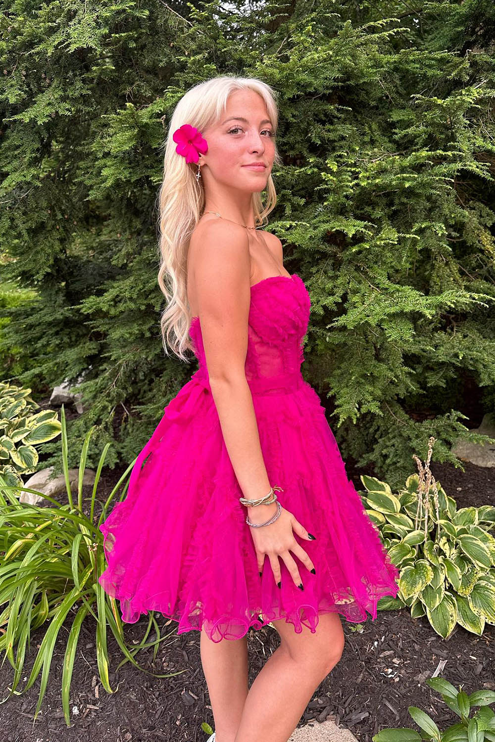 Fuchsia Homecoming Dress Corset Sweetheart A-Line Short Tulle Prom Dress