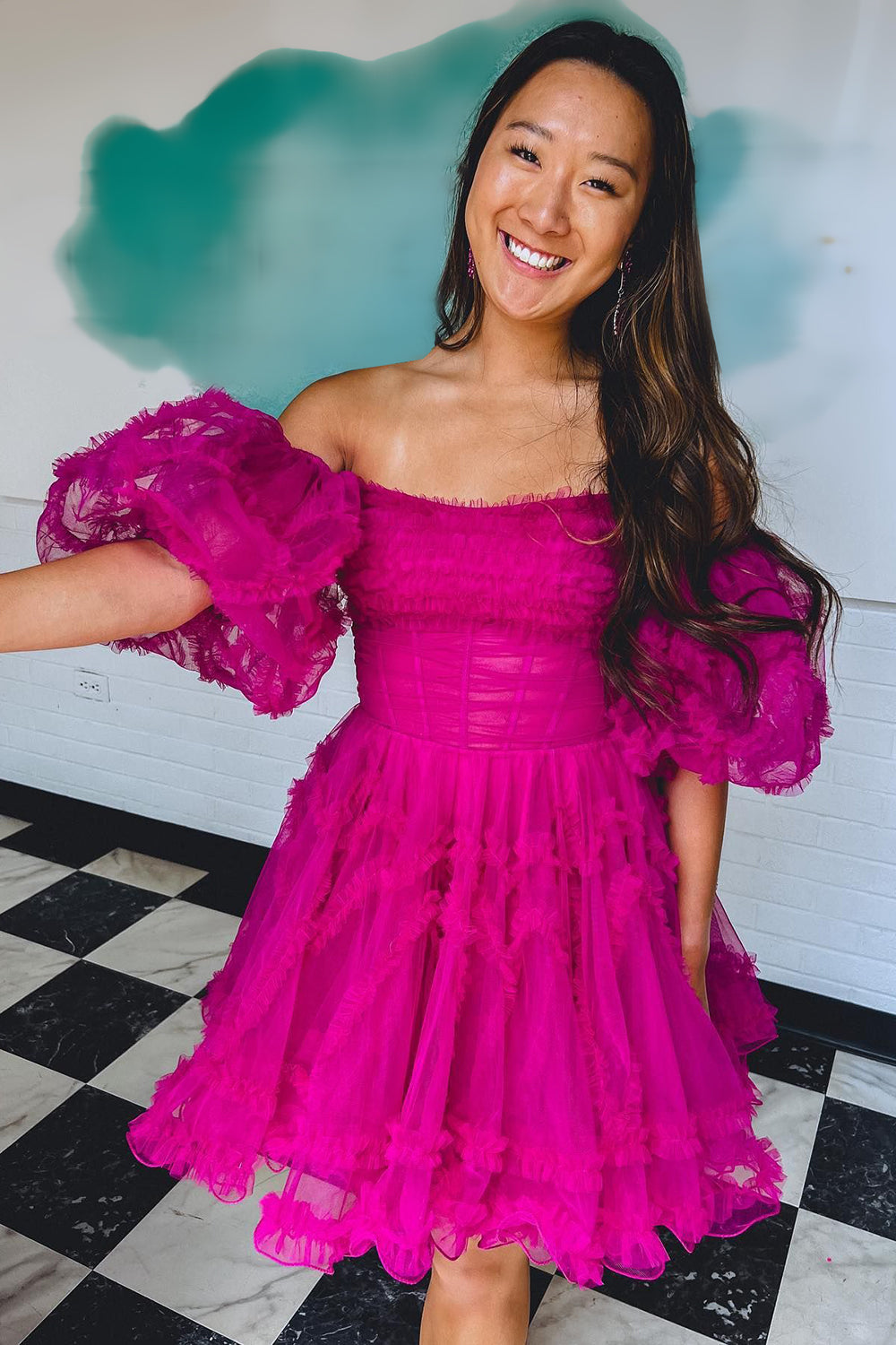 Fuchsia Homecoming Dress Corset Puff Sleeves A-Line Short Prom Dress with Ruffles