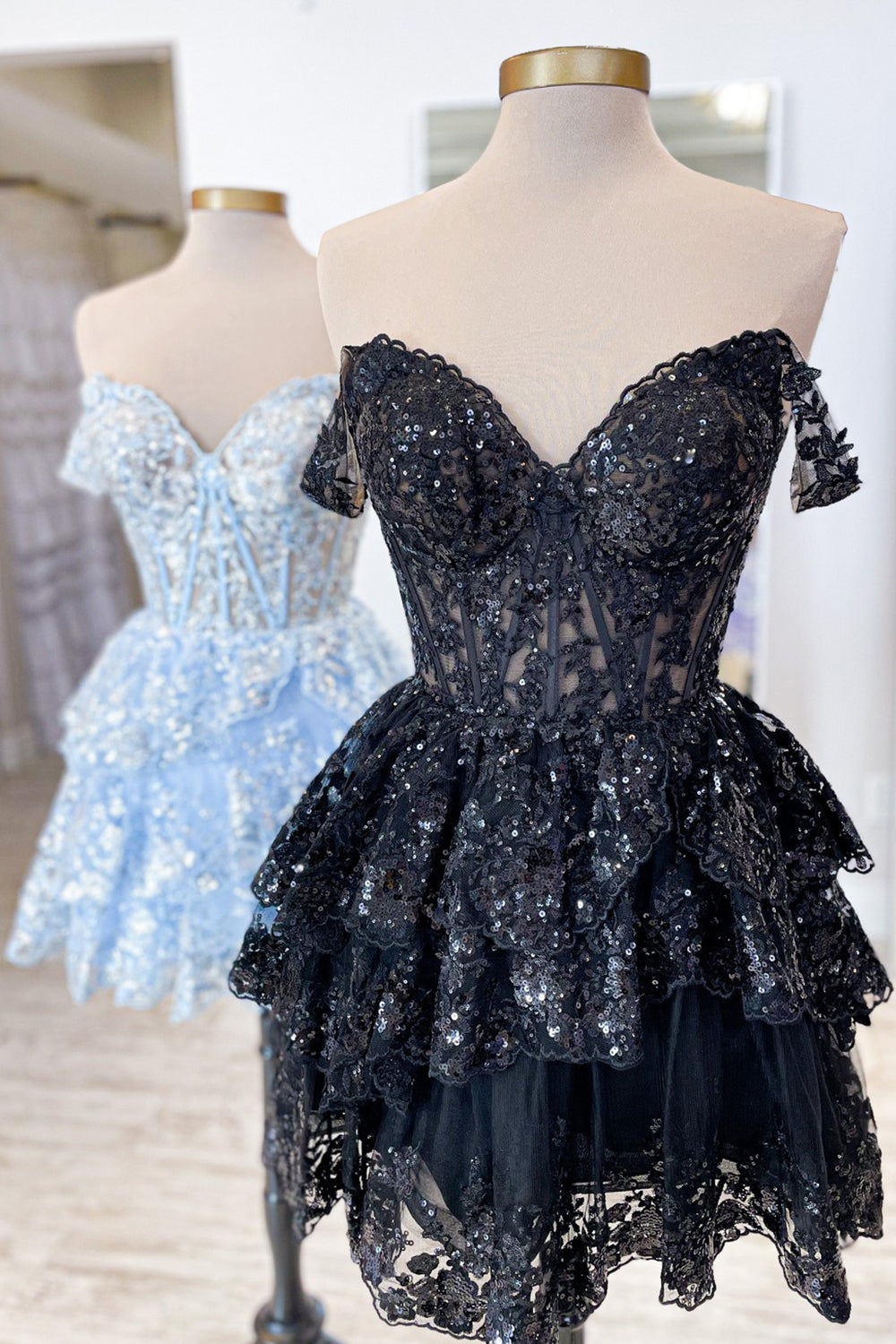 Black Homecoming Dress Corset Tiered Lace A-Line Short Prom Dress