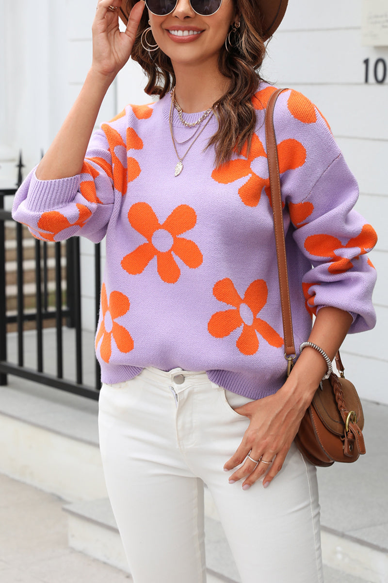 Color Block Flora Loose Pullover Sweater