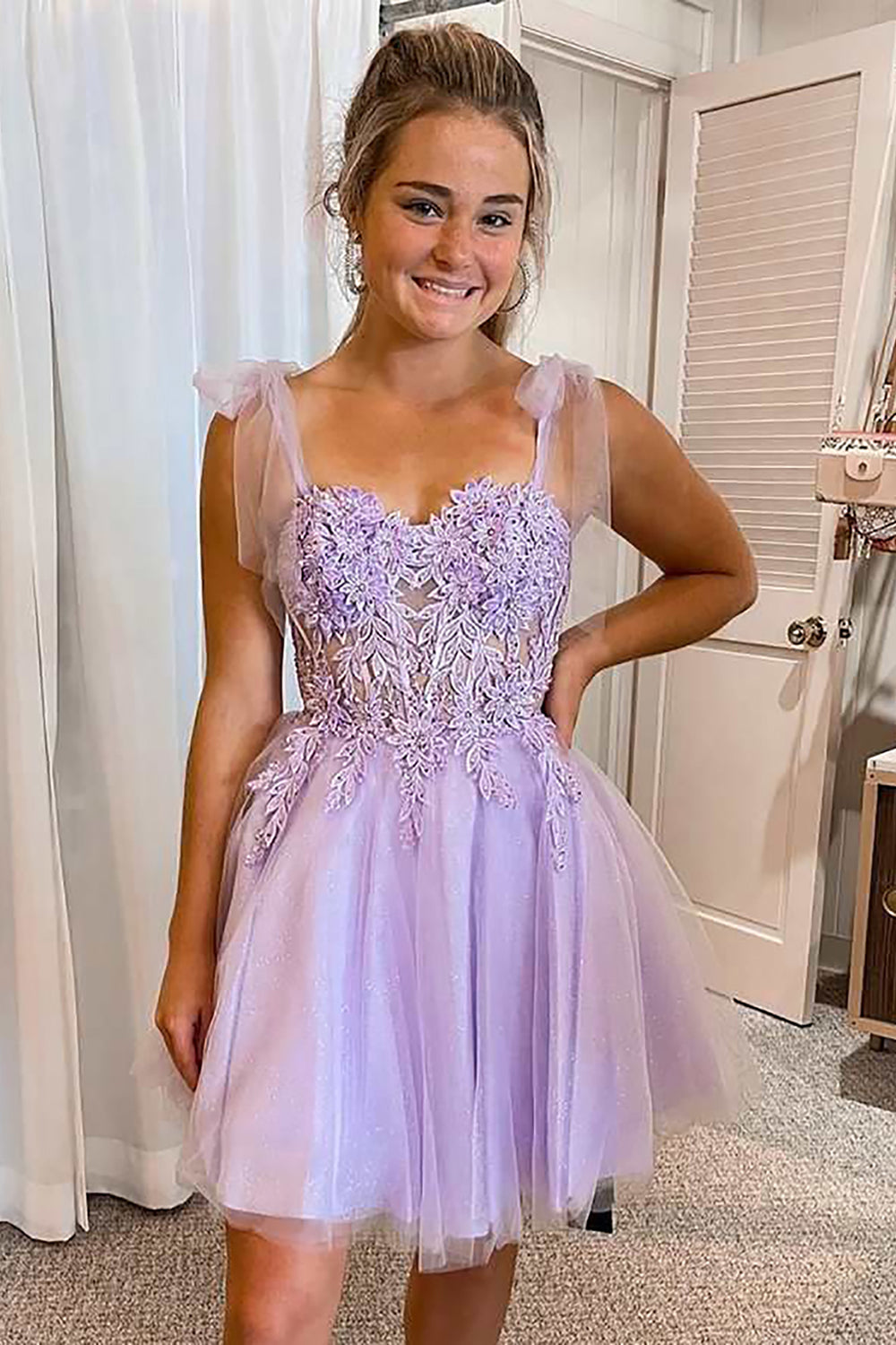 Purple Homecoming Dress Corset A-Line Tulle Short Prom Dress with Lace