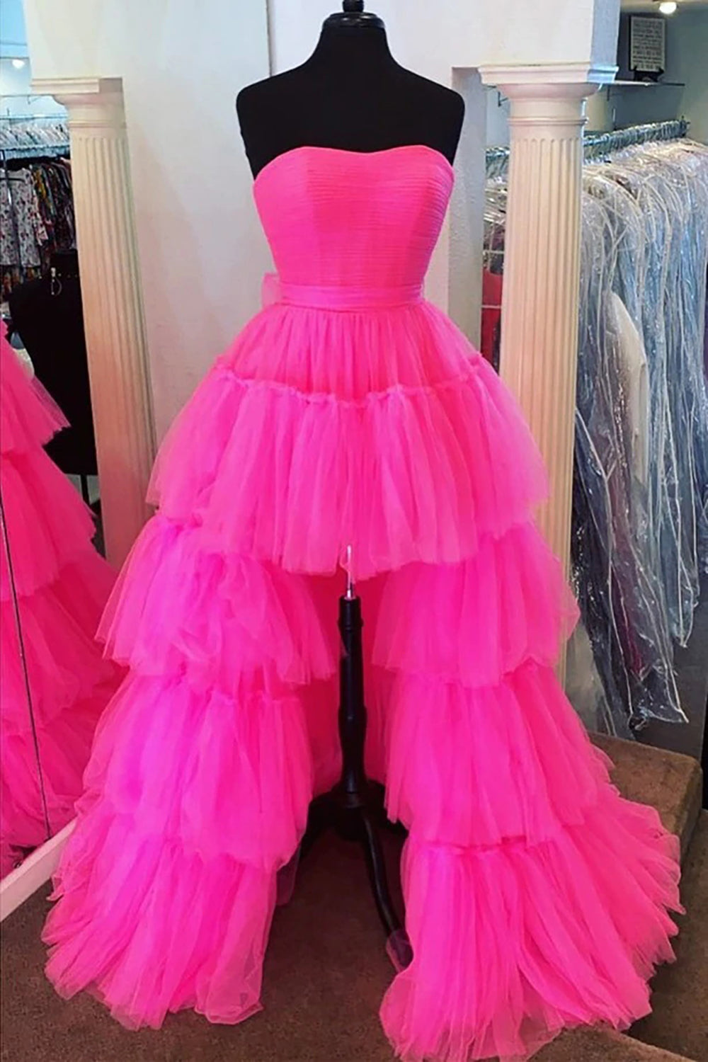 Stylish High Low Strapless Fuchsia Homecoming Dress Prom Dress with Ruffles