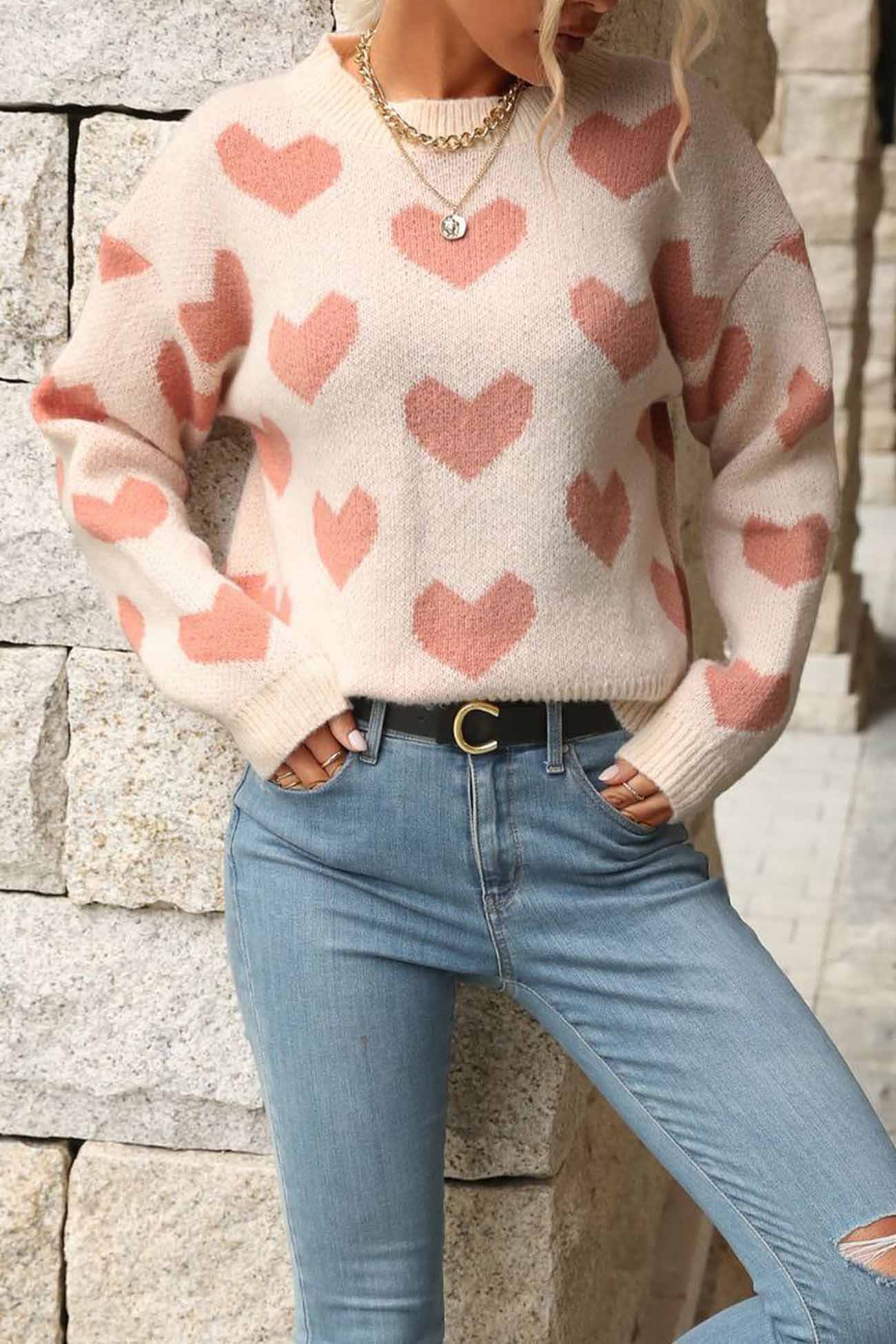 Heart Printed Crew Neck Knitted Sweater