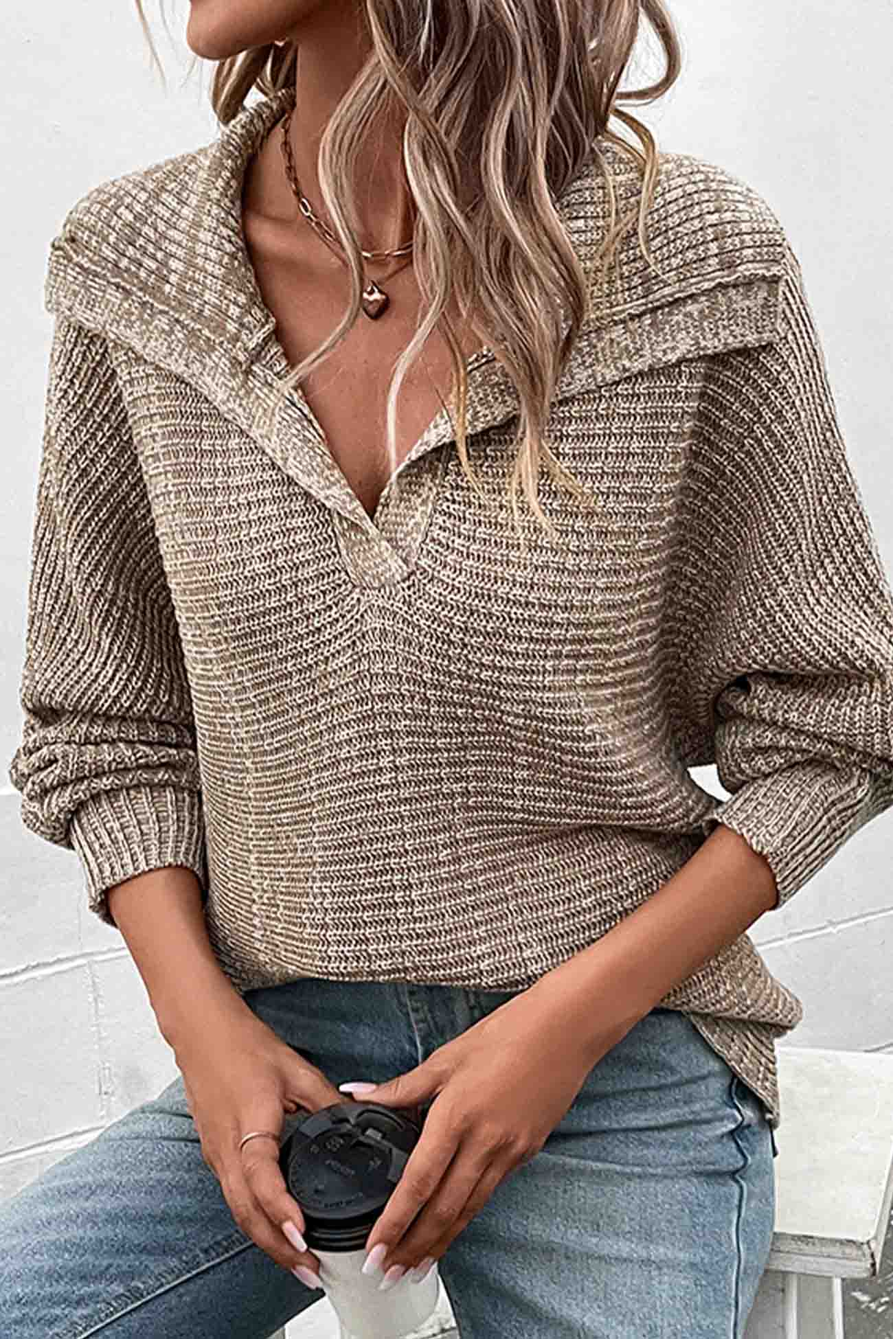 Khaki Lapel Long Sleeve Sweater