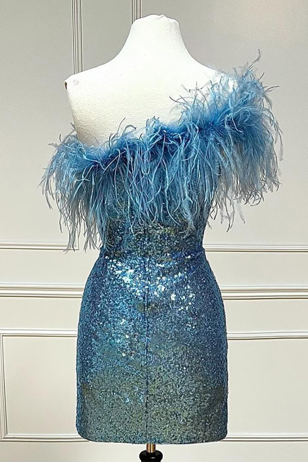 Light Blue Homecoming Dress Tight Sequin Prom Dress with Feathers