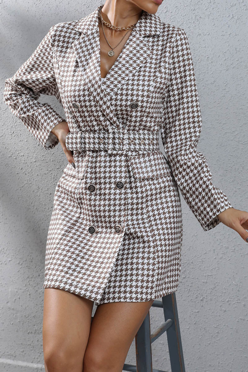 Houndstooth Lapel Belt Elegant Blazer Dress