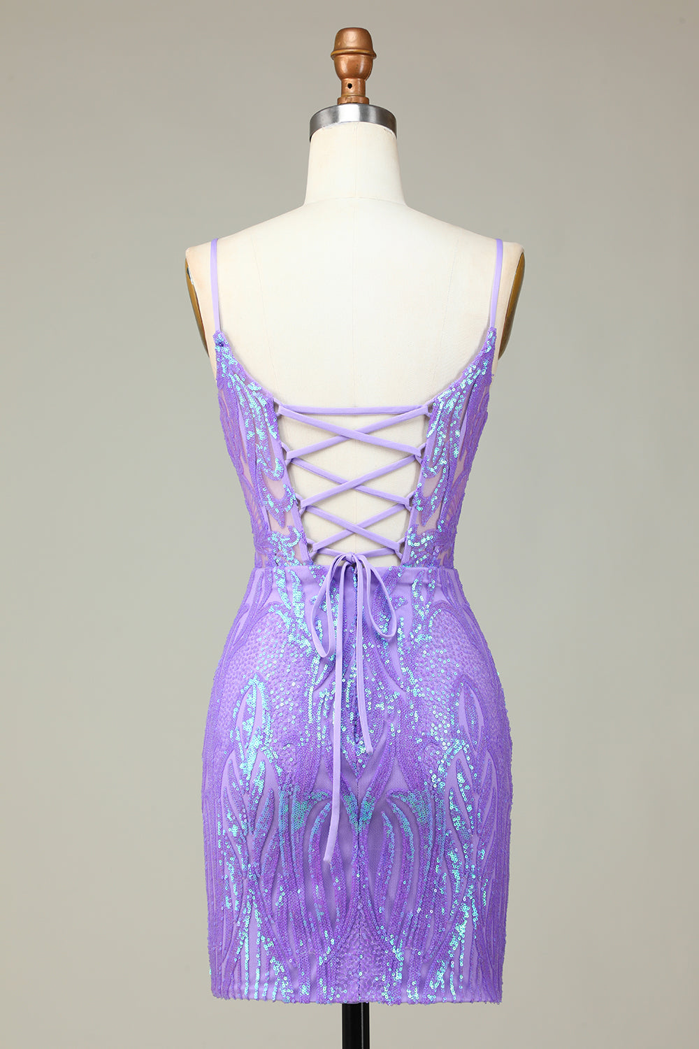 Bodycon Spaghetti Straps Lilac Homecoming Dress Sequin Corset Prom Dress with Criss Cross Back