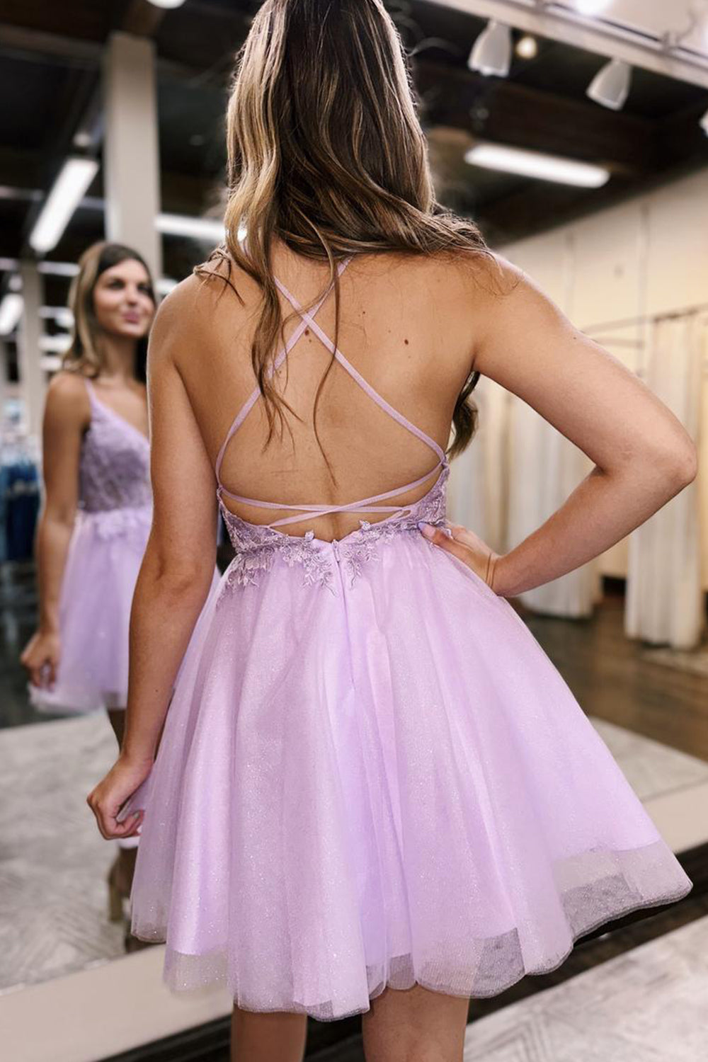 Glitter Lilac Homecoming Dress Corset A-Line Tulle Short Prom Dress with Lace