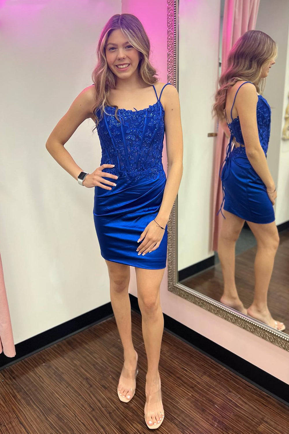 Glitter Royal Blue Homecoming Dress Corset Spaghetti Straps Tight Short Prom Dress with Lace