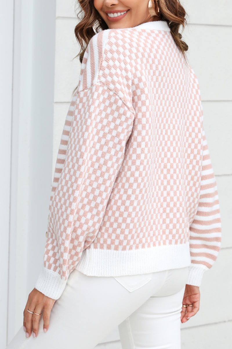 Plaid Stripe Panel Knit Cardigan Sweater