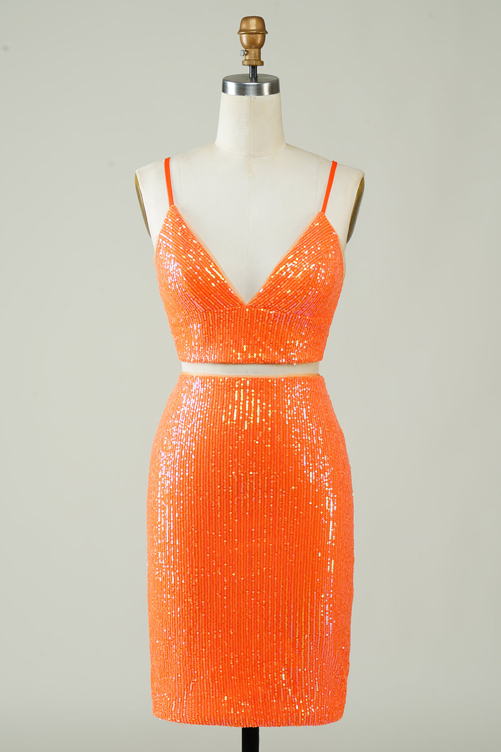 Two Piece Orange Homecoming Dress Sequin Tight Prom Dress