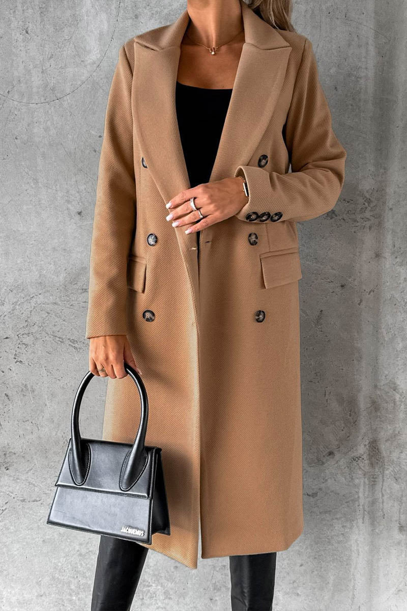 Solid Color Long Sleeve Double Breasted Coat with Pockets