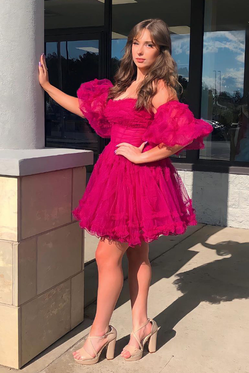 Fuchsia Homecoming Dress Corset Puff Sleeves A-Line Short Tulle Prom Dress with Ruffles