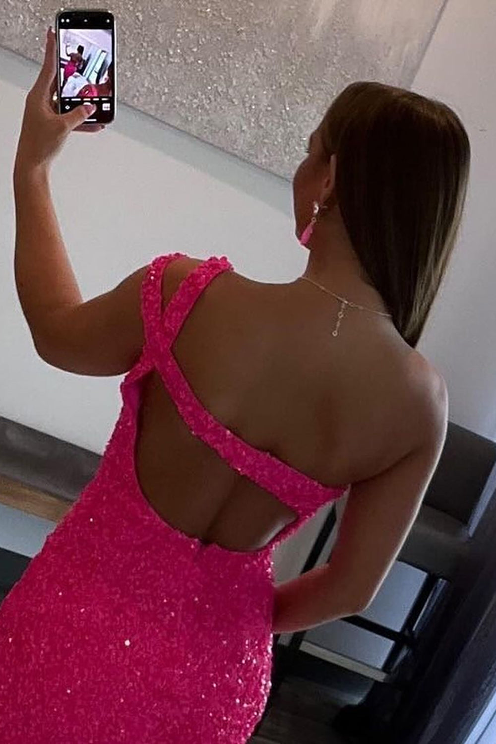 Hot Pink Homecoming Dress Open Back One Shoulder Tight Sequin Prom Dress