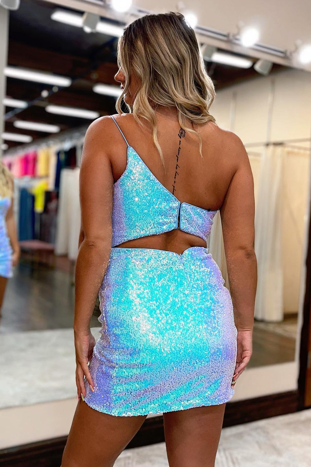 Blue Homecoming Dress Open Back One Shoulder Sequin Tight Short Prom Dress