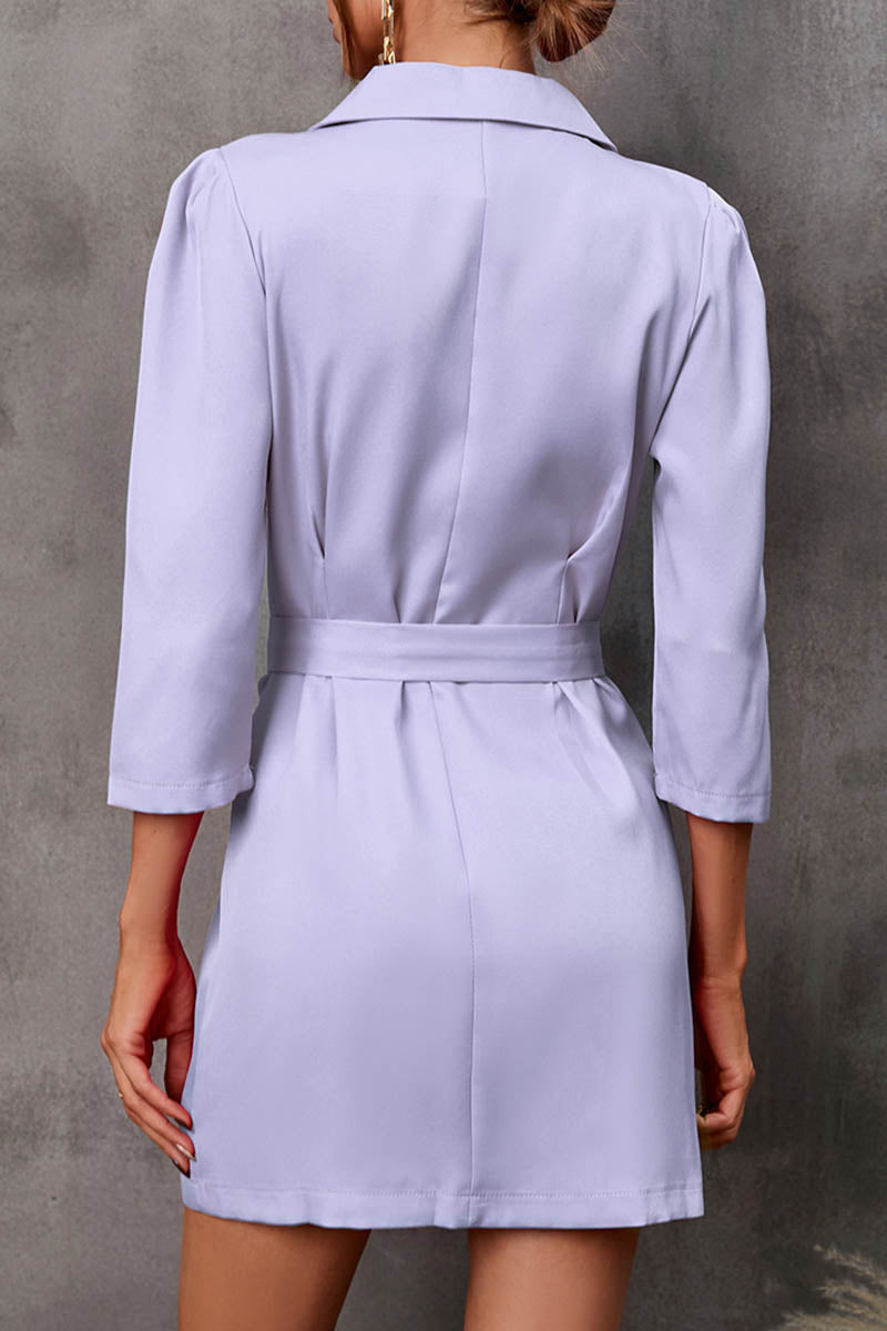 Three-quarter Sleeves V-neck Belted Buttoned Suit Dress