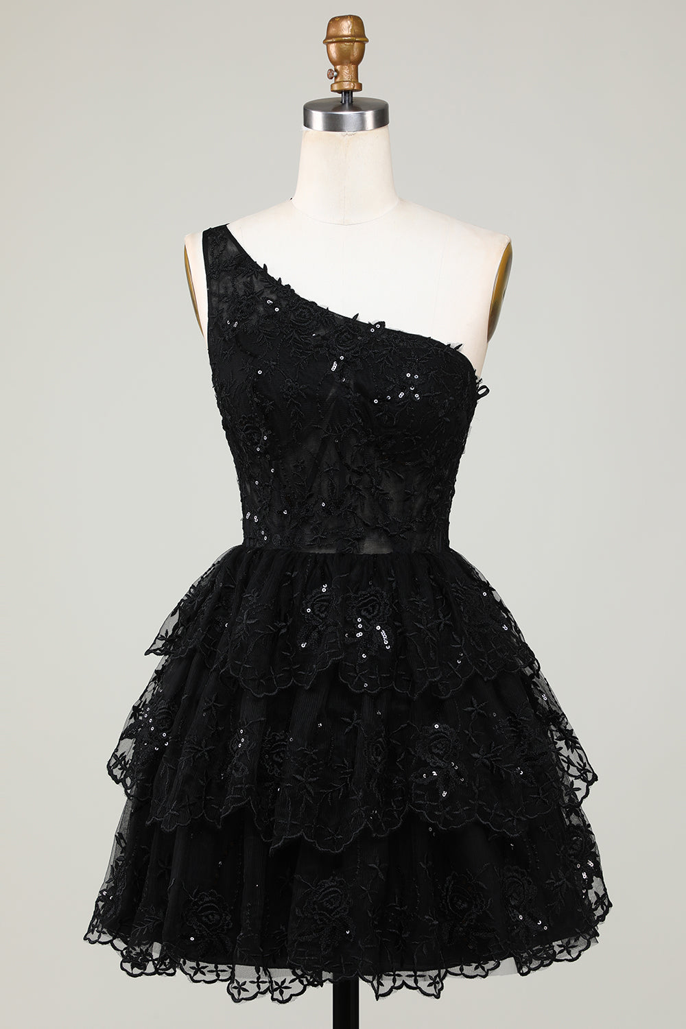 Glitter One Soulder Black Homecoming Dress Tiered A-Line Lace Short Prom Dress