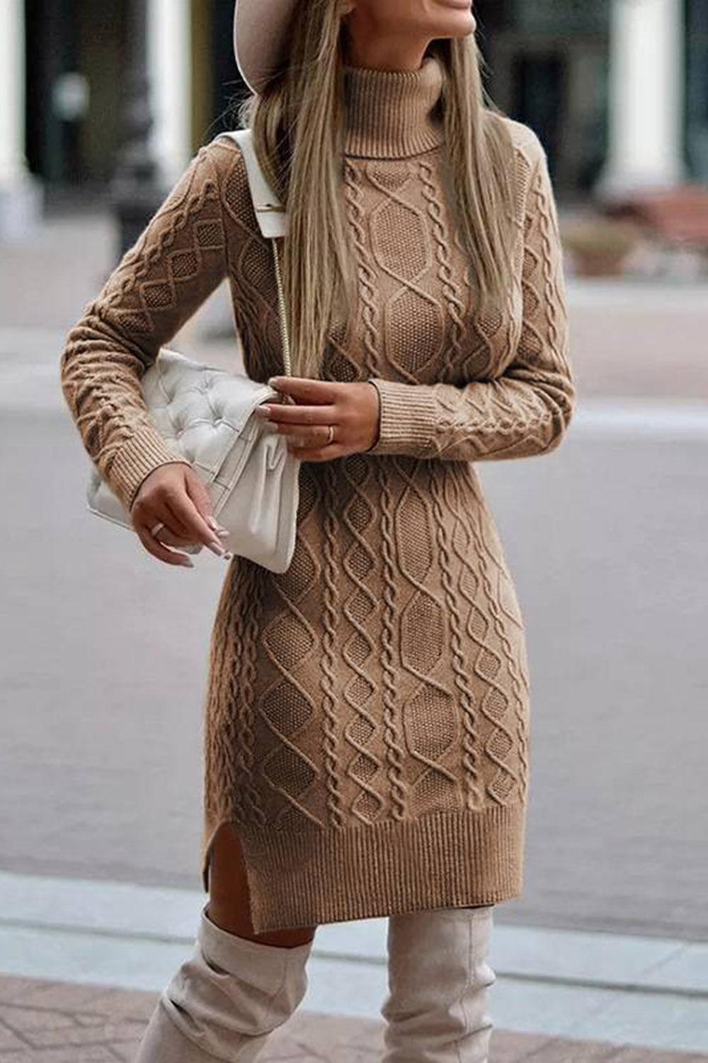 Solid color high collar casual hem slit long sweater dress