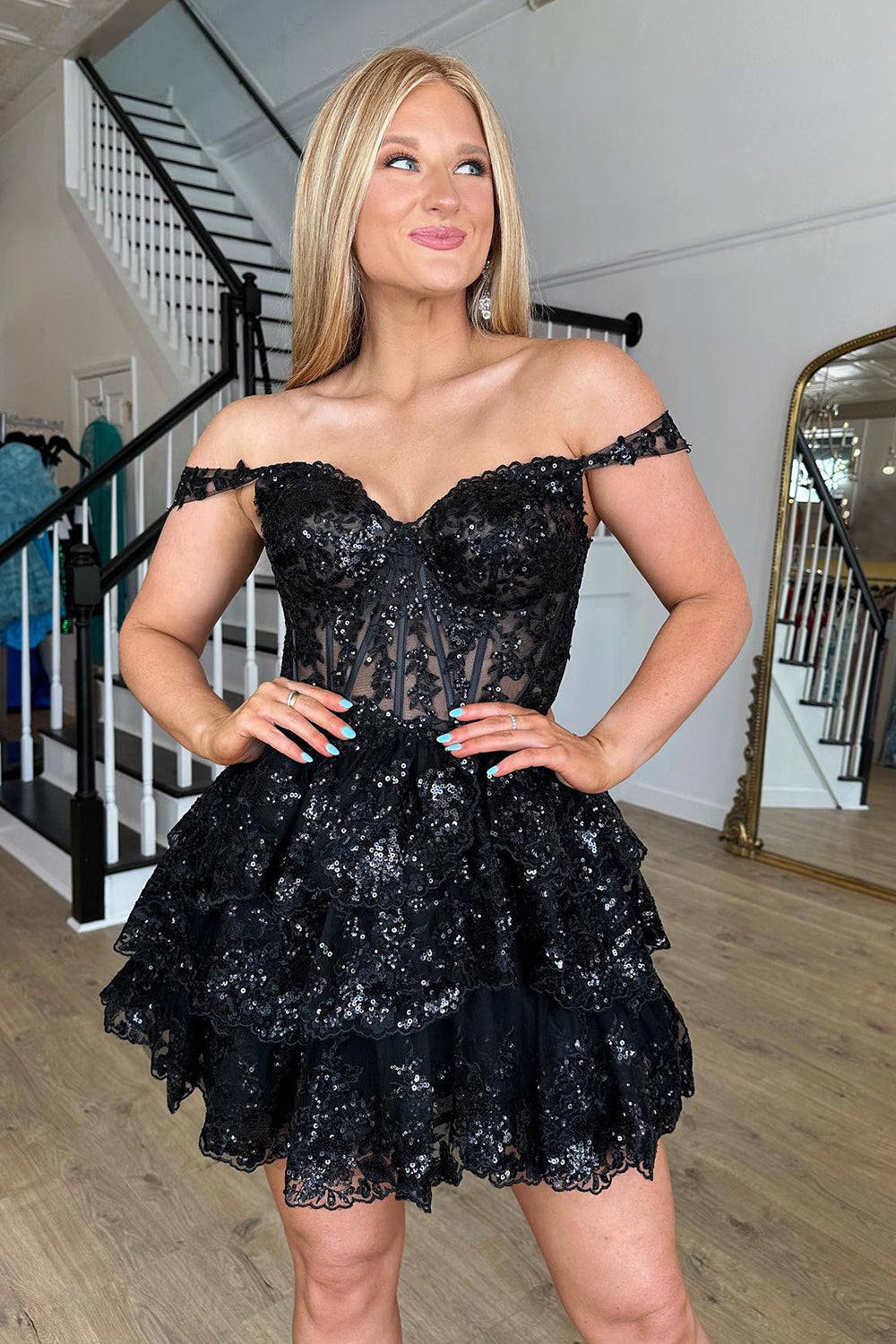 Black Homecoming Dress Corset Tiered Lace A-Line Short Prom Dress