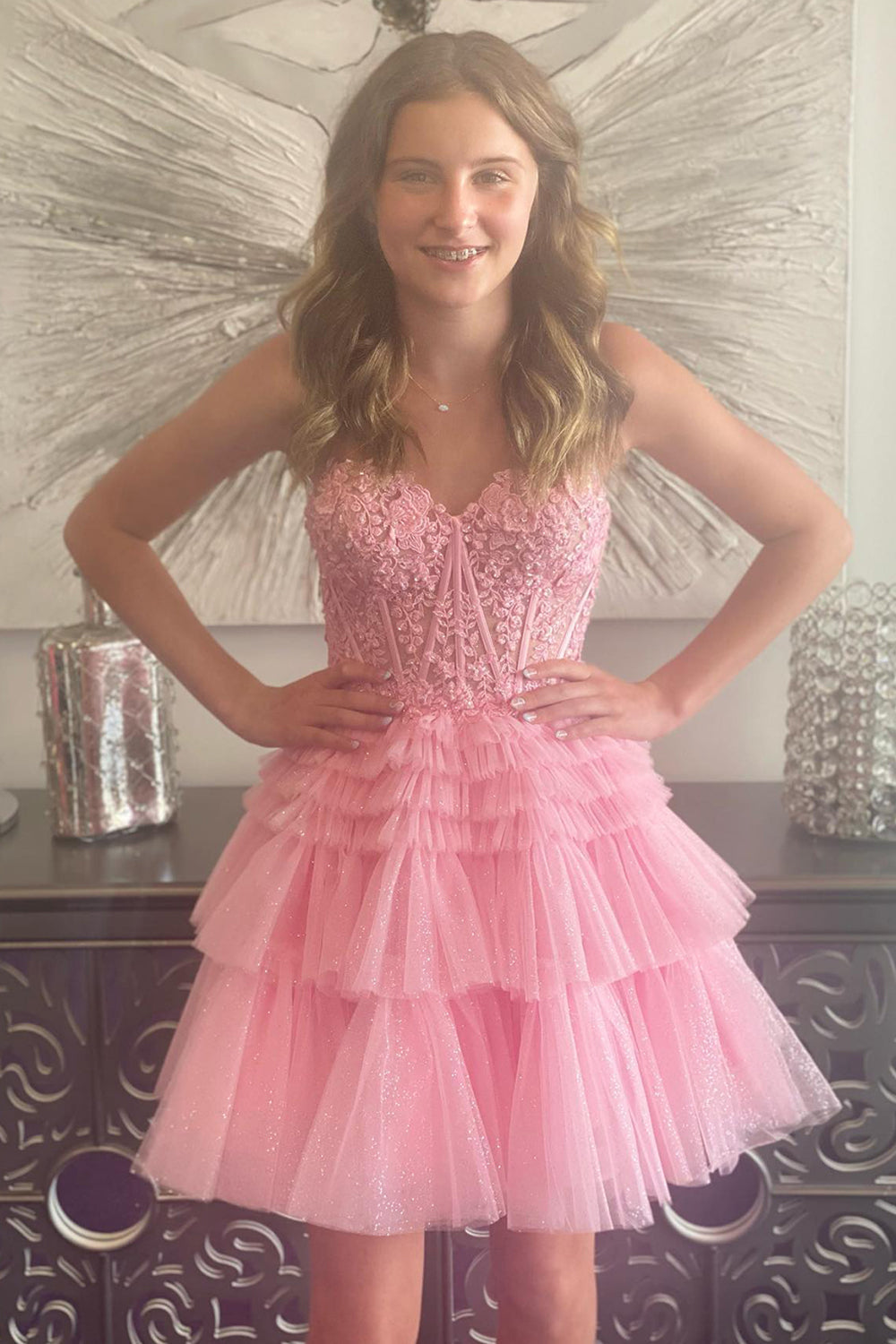 Glitter Pink Homecoming Dress Corset A-Line Tiered Short Prom Dress with Lace