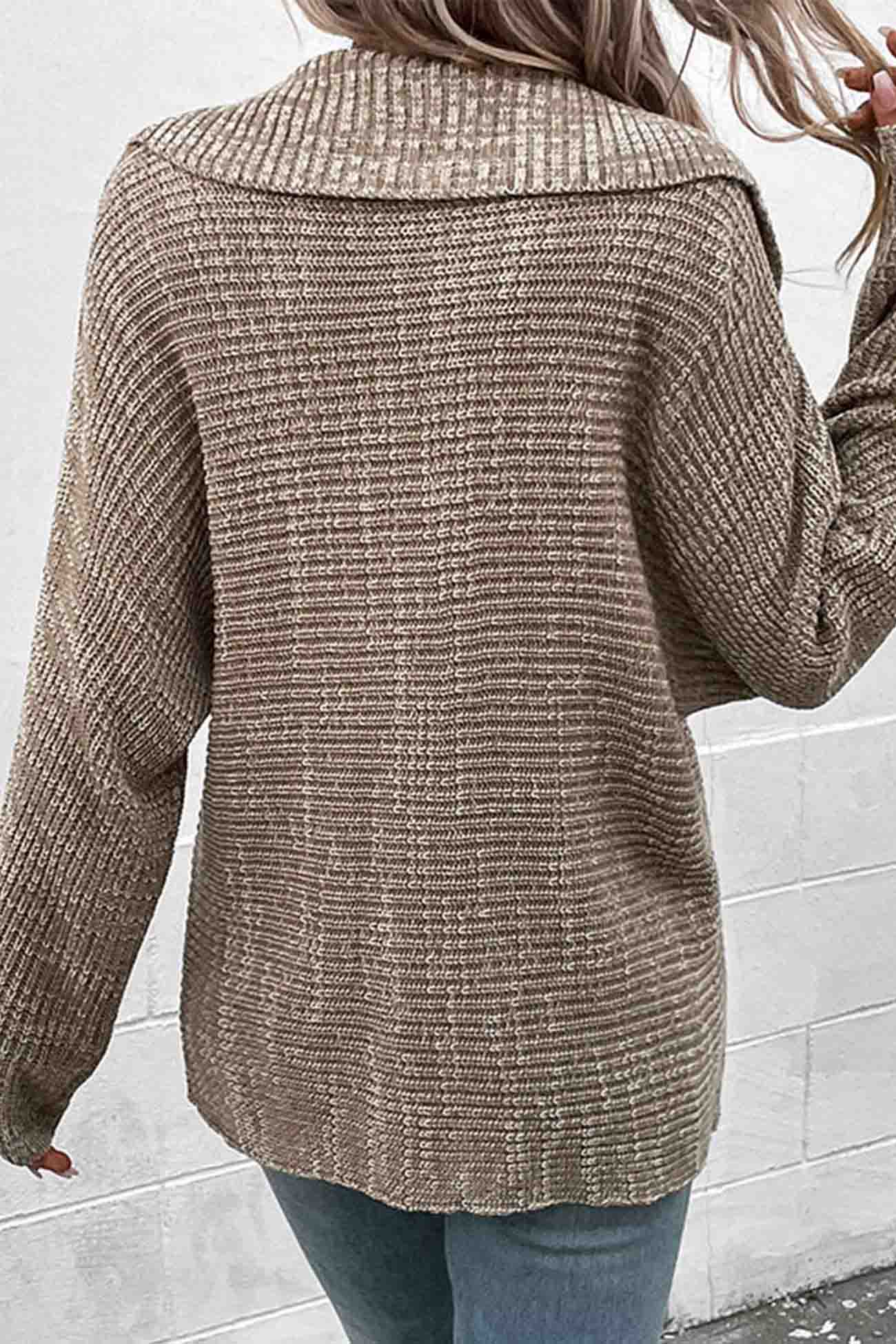 Khaki Lapel Long Sleeve Sweater