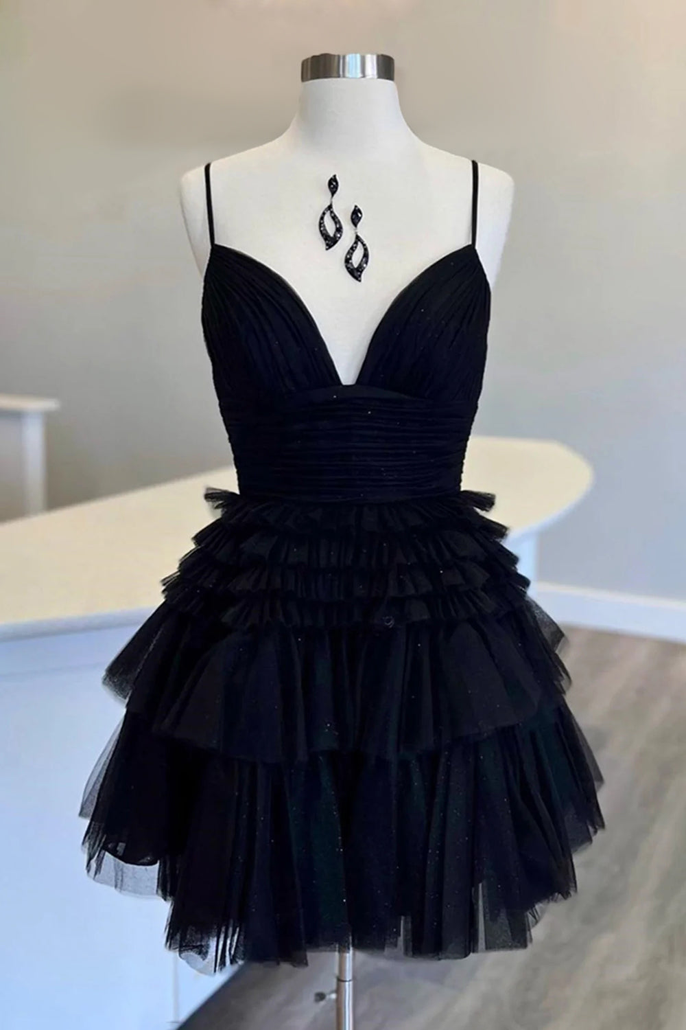 Glitter Navy Homecoming Dress Tiered Spaghetti Straps Short Prom Dress