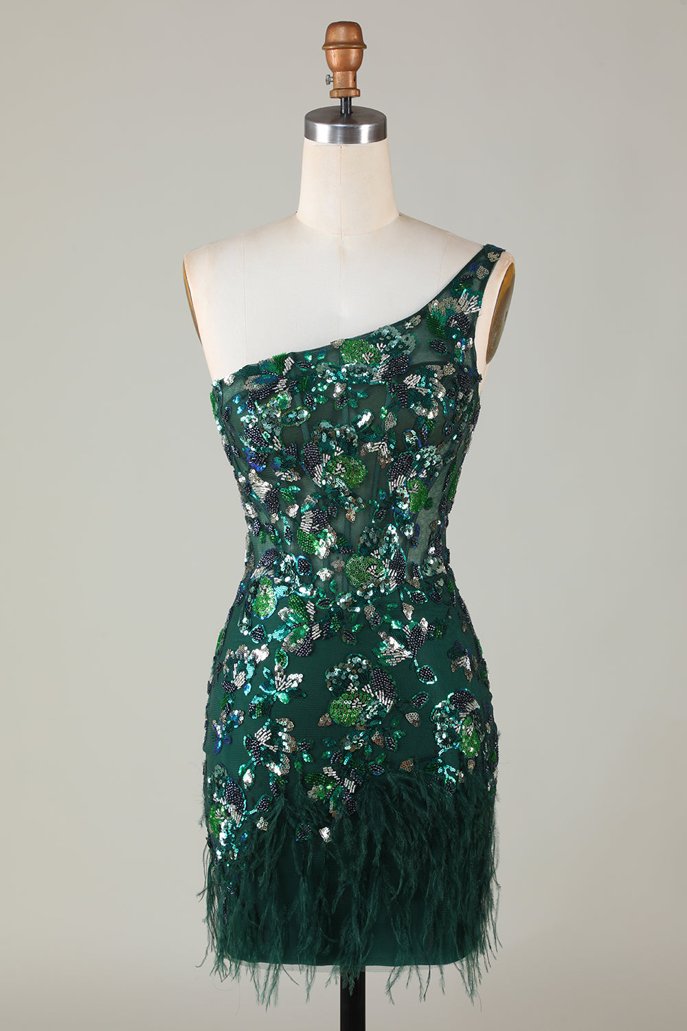 Dark Green Homecoming Dress Tight Short Beaded Prom Dress with Feathers