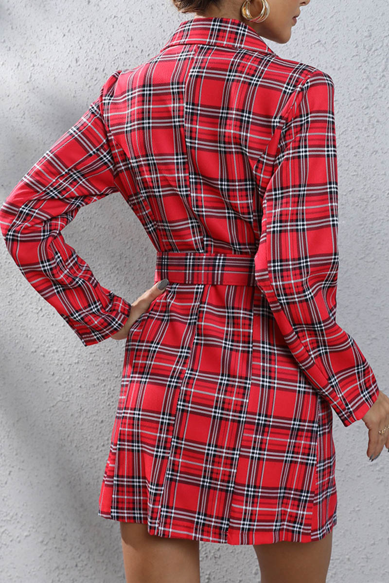 Houndstooth Lapel Belt Elegant Blazer Dress