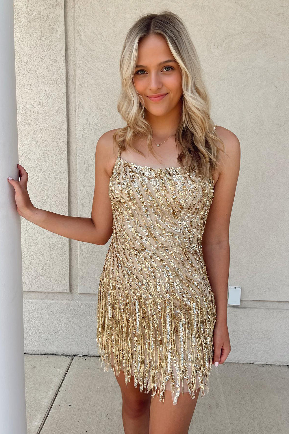 Golden Homecoming Dress Spaghetti Straps Sequin Fringed Tight Short Hoco Dress