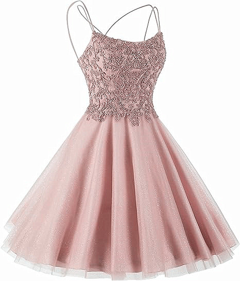 Lovely Tulle with Lace Applique Cross Back Homecoming Dress, Short Prom Dress