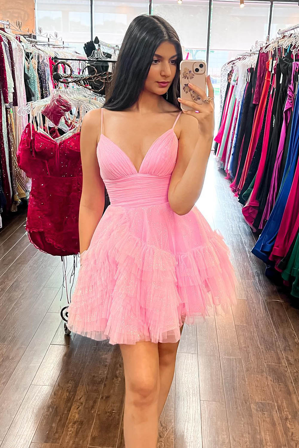 Glitter Pink Homecoming Dress Tulle A-Line Short Ruffled Prom Dress